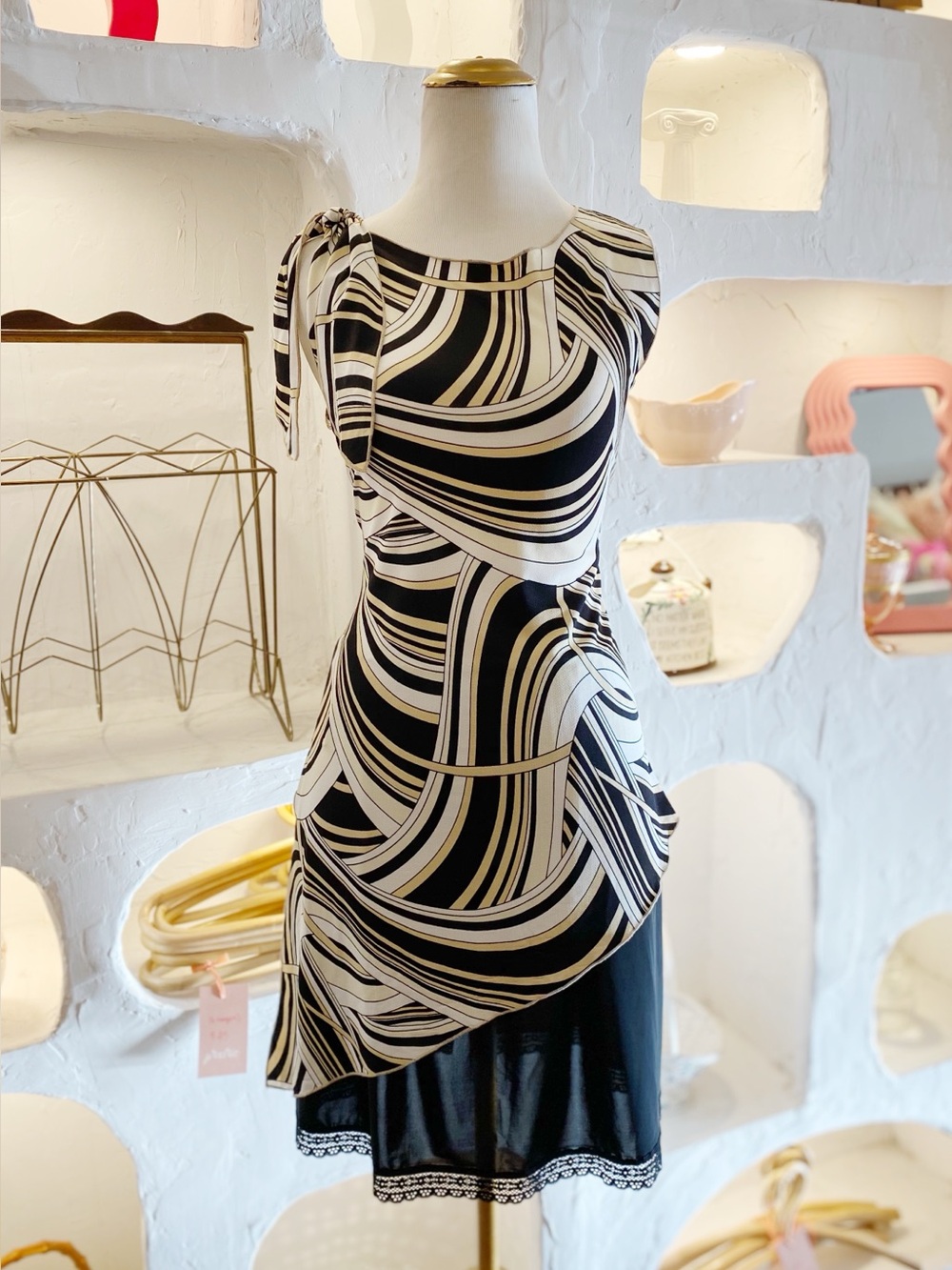 Y2K Vintage Abstract Print Asymmetrical Mesh Tank with Detachable Tie and Slit